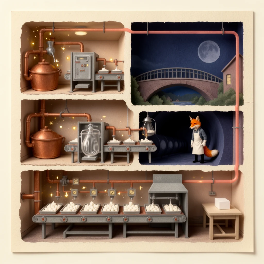 Illustration for page 3: A bedtime wish made the copper pipes glow.