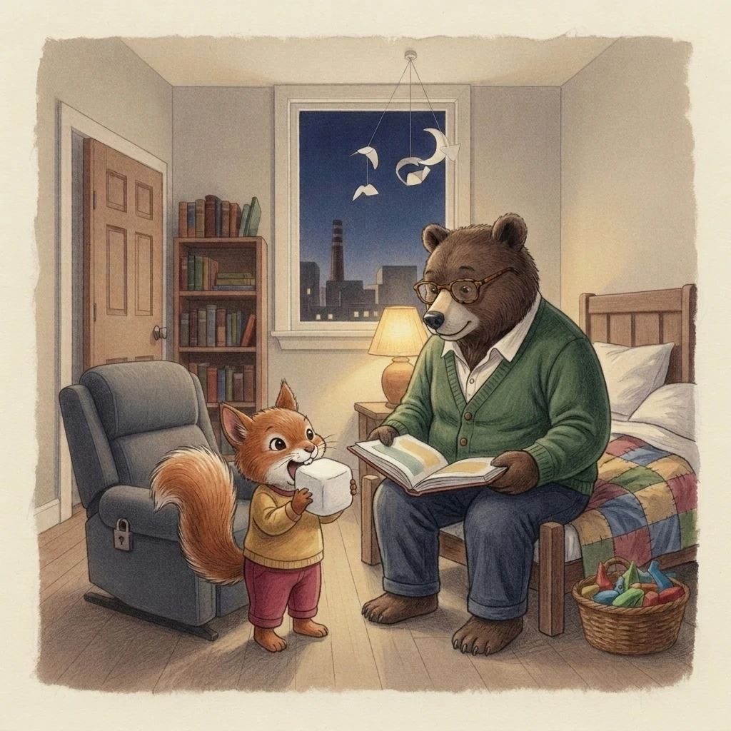 Illustration for page 4: Daddy opened the book. “On a moon-silvery night—”