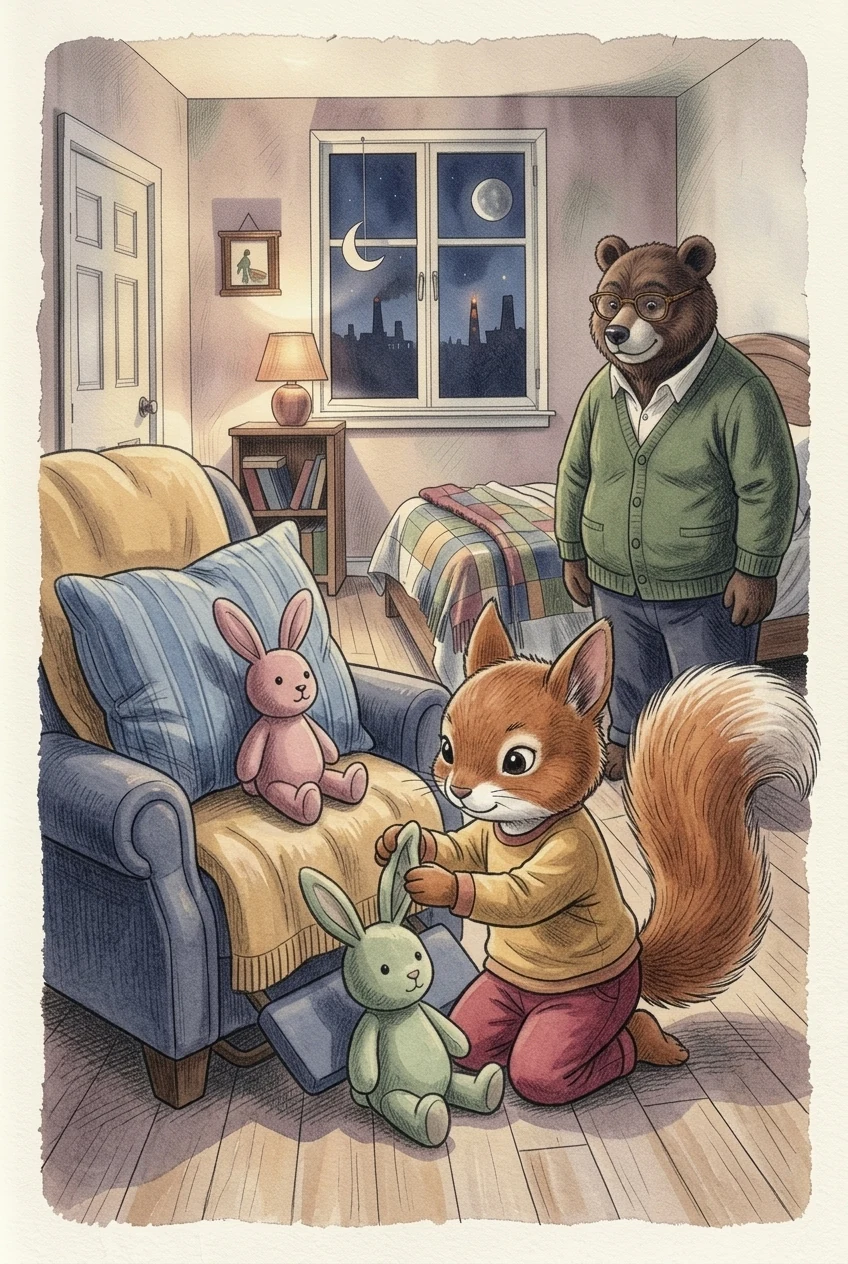 Illustration for page 7: She fluffed every cushion. She straightened each ear.