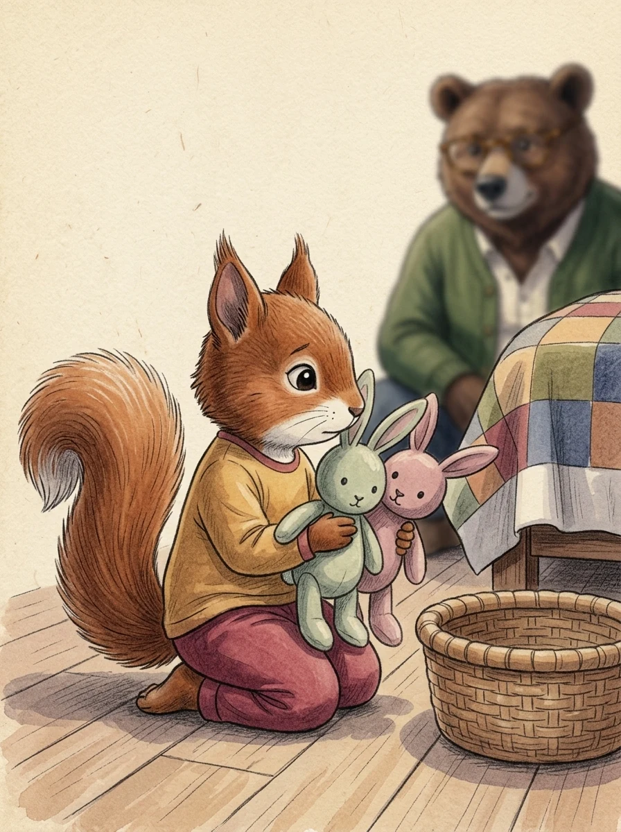 Illustration for page 9: She lifted the bunnies to clear out a space.