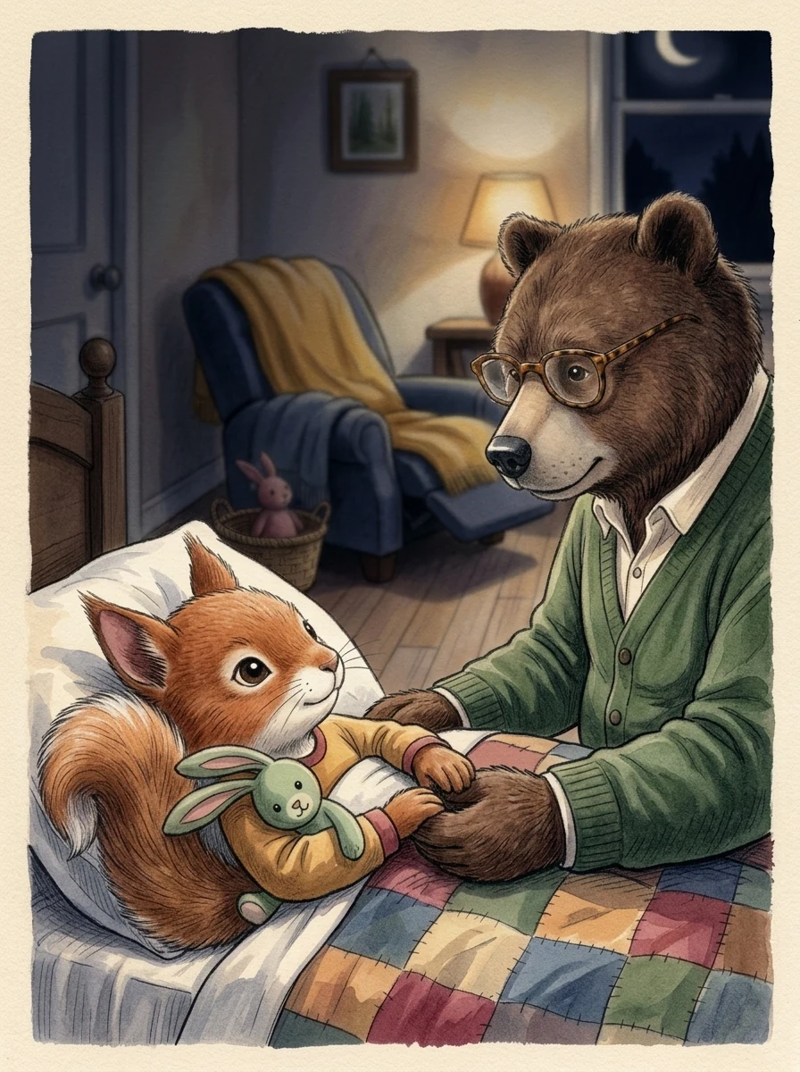Illustration for page 10: One bunny tucked under her arm in the bed.