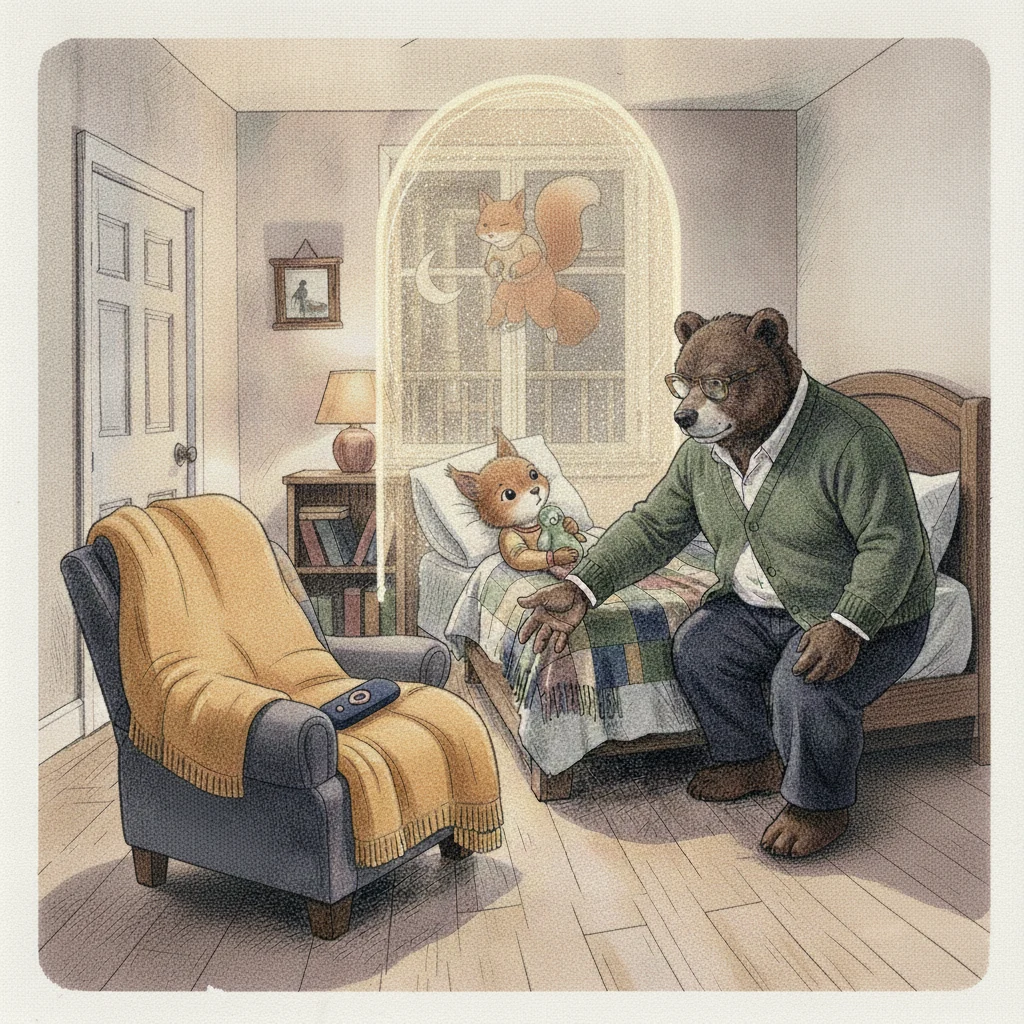 Illustration for page 11: Daddy read softly. The room settled slow.